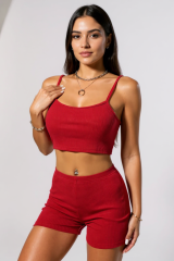Kadın Kırmızı Şortlu Kaşkorse Gecelik Takım – Modern, Konforlu ve Günlük Kombinlere Uygun