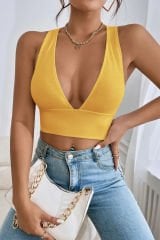 Kadın Sarı Çapraz Sırt Detaylı Şık Crop Top Büstiyer – Modern ve Şık Tasarım
