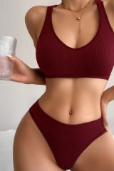 Kadın Bordo Desteksiz Seamless Tangalı   İç Çamaşır  Takımı