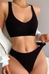 Kadın Siyah Desteksiz Seamless Tangalı İç Çamaşır Takımı – Modern, Konforlu