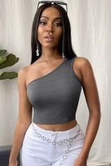 Kadın Koyu Gri Tek Omuz Crop Büstiyer – Modern ve Şık Tasarım