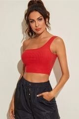 Kadın Kırmızı Tek Omuz Crop Büstiyer – Modern ve Şık Tasarım