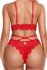 Kırmızı Çapraz Ip Detaylı Şık Sütyen Külot Takım