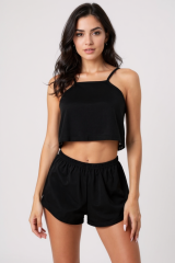 Kadın Siyah Arkası Komple Dantel Şortlu Gecelik Takım