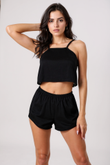 Kadın Siyah Arkası Komple Dantel Şortlu Gecelik Takım