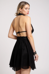 Kadın Siyah Çapraz Bağlı Kısa Tül Dantel Gecelik – Modern ve Şık Tasarım