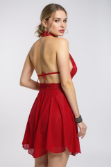 Kadın Kırmızı Çapraz Bağlı Kısa Tül Dantel Gecelik – Modern ve Şık Tasarım
