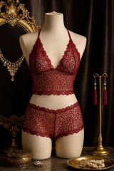 Kadın Bordo Dantel Bralet Şort Takımı – Asil ve Sofistike İç Giyim