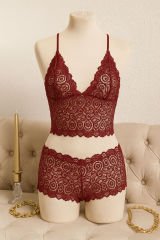 Kadın Bordo Dantel Bralet Şort Takımı – Asil ve Sofistike İç Giyim