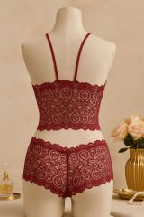 Kadın Bordo Dantel Bralet Şort Takımı – Asil ve Sofistike İç Giyim
