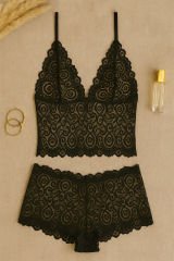 Kadın Siyah Dantel Bralet Şort Takımı – Şık, Zarif ve Feminen İç Giyim