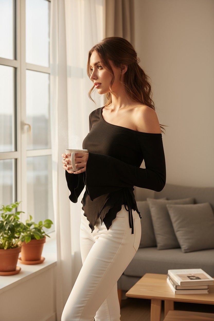 Kadın Siyah Uzun İspanyol Kollu Asimetirik Yaka Yandan Bağlamalı Drapeli Bluz