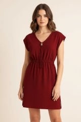 Kadın Bordo Yanları Yırtmaçlı Tokalı V Yaka Mini Plaj Elbisesi