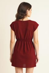 Kadın Bordo Yanları Yırtmaçlı Tokalı V Yaka Mini Plaj Elbisesi