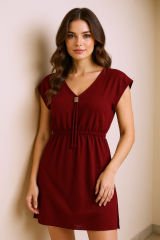 Kadın Bordo Yanları Yırtmaçlı Tokalı V Yaka Mini Plaj Elbisesi
