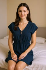 Kadın Lacivert Yanları Yırtmaçlı Tokalı V Yaka Mini Plaj Elbisesi