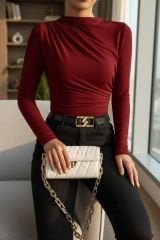 Kadın Bordo Belden ve Boyundan Büzgü Detaylı Uzun Kollu Bluz