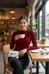 Kadın Bordo Belden ve Boyundan Büzgü Detaylı Uzun Kollu Bluz