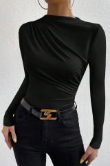 Kadın Siyah Belden ve Boyundan Büzgü Detaylı Uzun Kollu Bluz