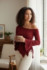 Kadın Bordo Uzun İspanyol Kollu Asimetirik Yaka Yandan Bağlamalı Drapeli Bluz