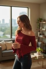 Kadın Bordo Uzun İspanyol Kollu Asimetirik Yaka Yandan Bağlamalı Drapeli Bluz