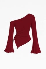 Kadın Bordo Uzun İspanyol Kollu Asimetirik Yaka Yandan Bağlamalı Drapeli Bluz