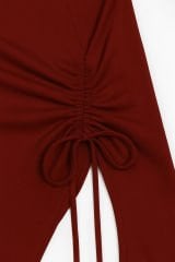 Kadın Bordo Uzun İspanyol Kollu Asimetirik Yaka Yandan Bağlamalı Drapeli Bluz