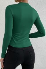 Kadın Yeşil Belden ve Boyundan Büzgü Detaylı Uzun Kollu Bluz