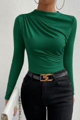 Kadın Yeşil Belden ve Boyundan Büzgü Detaylı Uzun Kollu Bluz