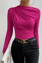 Kadın Fuşya Belden ve Boyundan Büzgü Detaylı Uzun Kollu Bluz