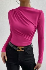 Kadın Fuşya Belden ve Boyundan Büzgü Detaylı Uzun Kollu Bluz