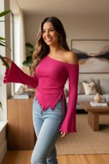 Kadın Fuşya Uzun İspanyol Kollu Asimetirik Yaka Yandan Bağlamalı Drapeli Bluz