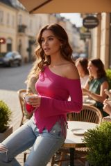 Kadın Fuşya Uzun İspanyol Kollu Asimetirik Yaka Yandan Bağlamalı Drapeli Bluz