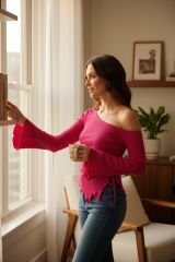 Kadın Fuşya Uzun İspanyol Kollu Asimetirik Yaka Yandan Bağlamalı Drapeli Bluz