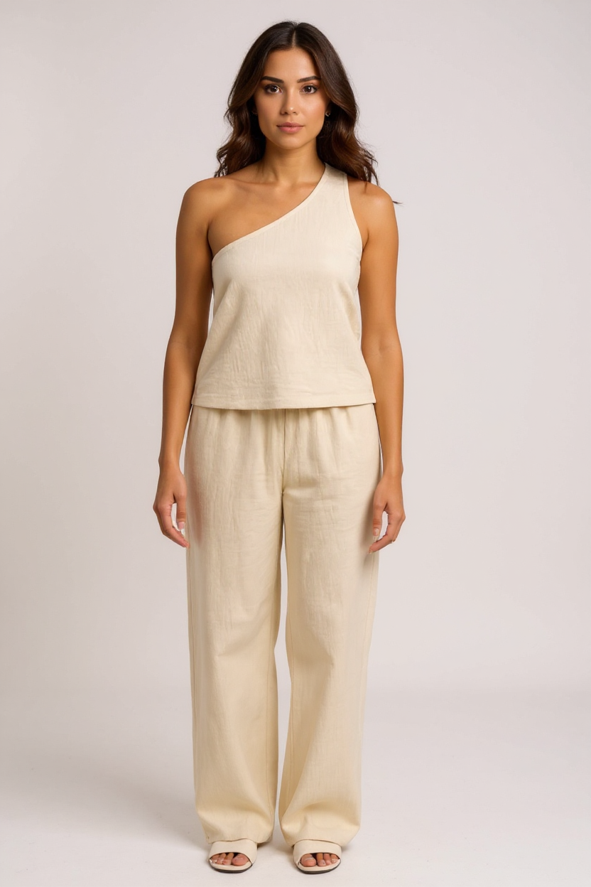 Kadın Beyaz Tek Omuzlu Şık Bluz & Geniş Paça Pantolon İkili Takım