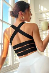 Kadın Siyah Sırtı Çapraz Lastik Detaylı Crop Top Bluz – Şık, Rahat Ve Kolay Kombinlenebilir