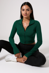 Kadın Yeşil Uzun Kol Fermuarlı Parmak Geçme Detaylı Dik Yaka Crop Top Bluz