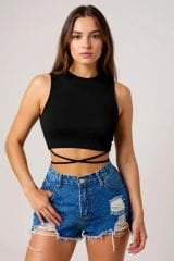 Kadın Siyah Çapraz Bağlamalı Crop Top Büstiyer – Modern Ve Şık Tasarım