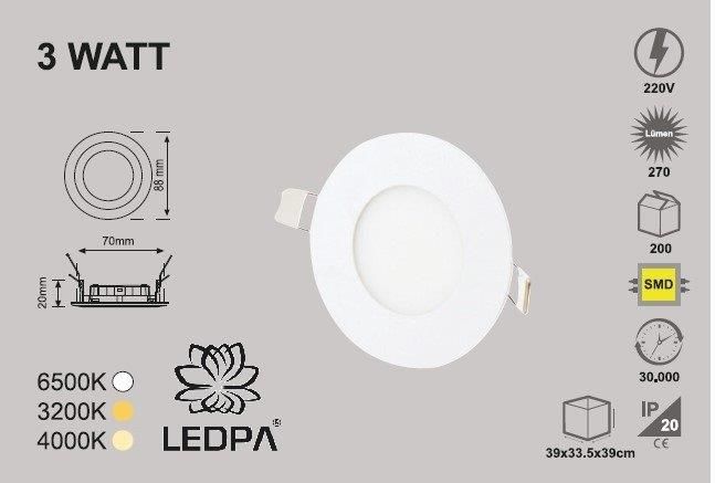 3W SLIM LED PANEL SIVA ALTI , 3W PANEL LED 3W 3000KELVIN , GÜN IŞIĞI