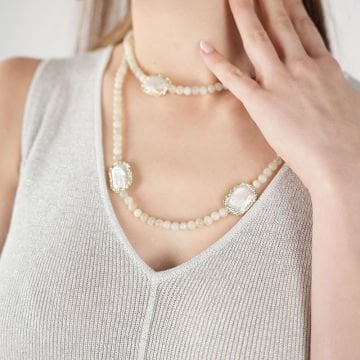 Yellow Agate Pearl Crystal Necklace
