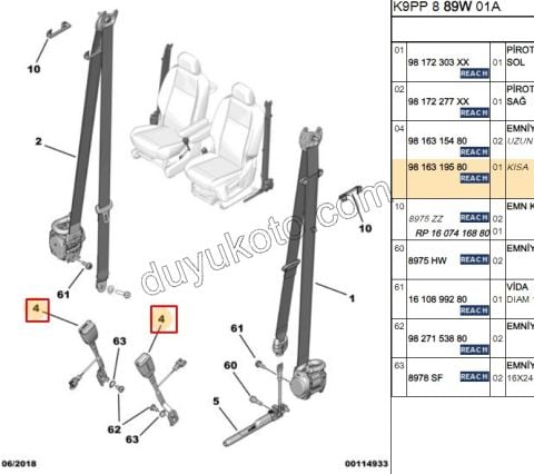 2019> Partner Rifter Berlingo Combo Doblo Proace City Ön Emniyet Kemeri Tokası