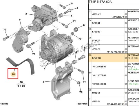 Alternatör V kayışı 6PK0976 1.6HDİ Euro5 1.6HDİ Euro4 1.4HDİ 16V Euro4 90CV