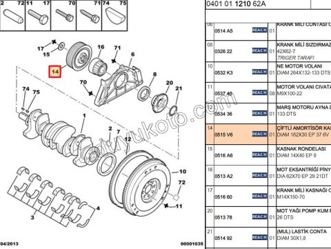 KASNAK KRANK PRT2 P406 BXR2 1.9D, 1998/2003 1.9D,Y.M 03/09 DW10 8V Klimalı Klimasız
