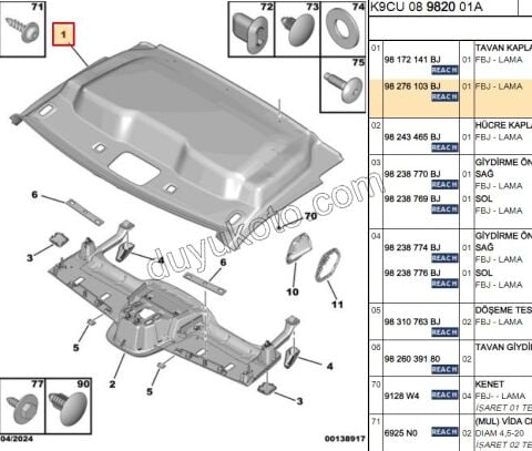 2019> Partner Rifter Berlingo Combo Doblo Proace City Tavan Döşeme Kaplaması Ön Kısım VAN