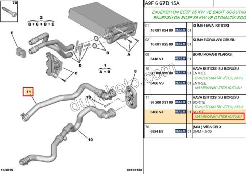 Kalorifer ile Su Kollektörü Arasındaki Hortum P207 1.4L 75HP Tahliyeli