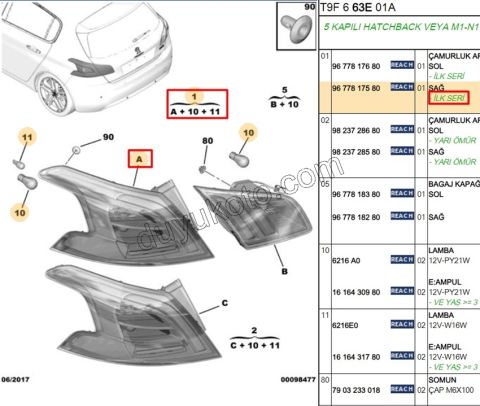 Peugeot 308 Stop Lambası Sağ Dış (Çamurlukta) 2013/2017