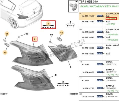 Peugeot 308 Stop Lambası Sol Dış (Çamurlukta) 2013/2017
