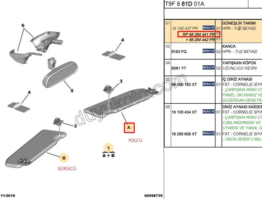 Güneşlik Sağ P3082 TUZ BEYAZI TK