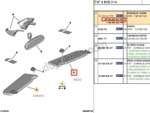 Güneşlik Sağ P3082 TUZ BEYAZI TK