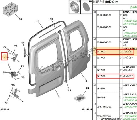 MENTESE BAGAJ KAPAK UST L + ALT R PRT3 PRT4 2P